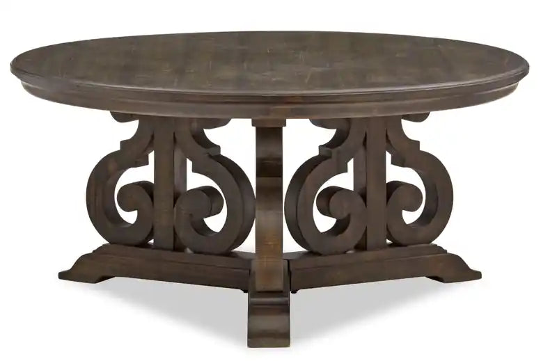 Bellamy 40 Traditional Round Coffee Table - Dark Brown Pine with Scroll Design Wood Base