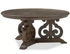 Table basse ronde traditionnelle 40 - Pin marron foncé avec base en bois à motifs de volutes