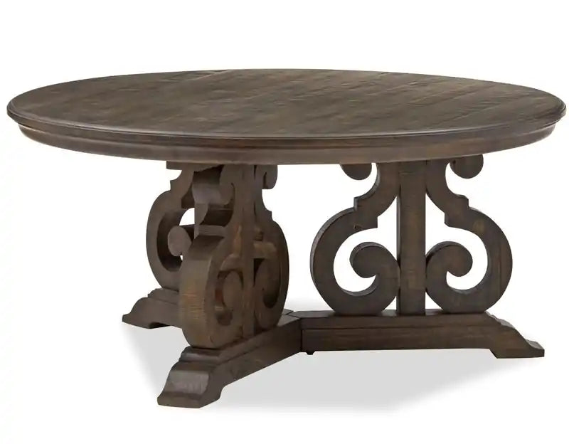 Table basse ronde traditionnelle 40 - Pin marron foncé avec base en bois à motifs de volutes