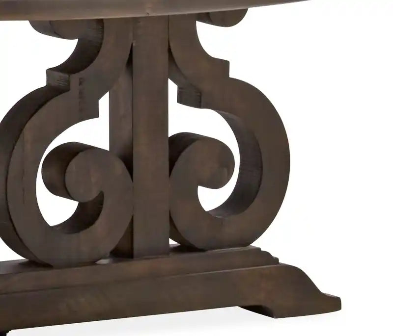 Table basse ronde traditionnelle 40 - Pin marron foncé avec base en bois à motifs de volutes