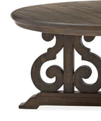 Table basse ronde traditionnelle 40 - Pin marron foncé avec base en bois à motifs de volutes