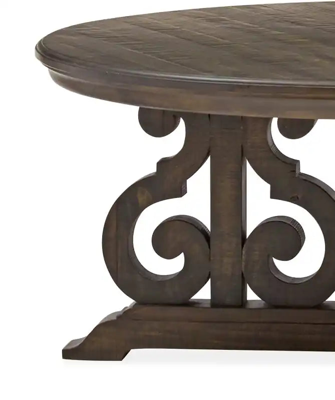 Table basse ronde traditionnelle 40 - Pin marron foncé avec base en bois à motifs de volutes