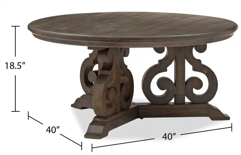 Table basse ronde traditionnelle 40 - Pin marron foncé avec base en bois à motifs de volutes