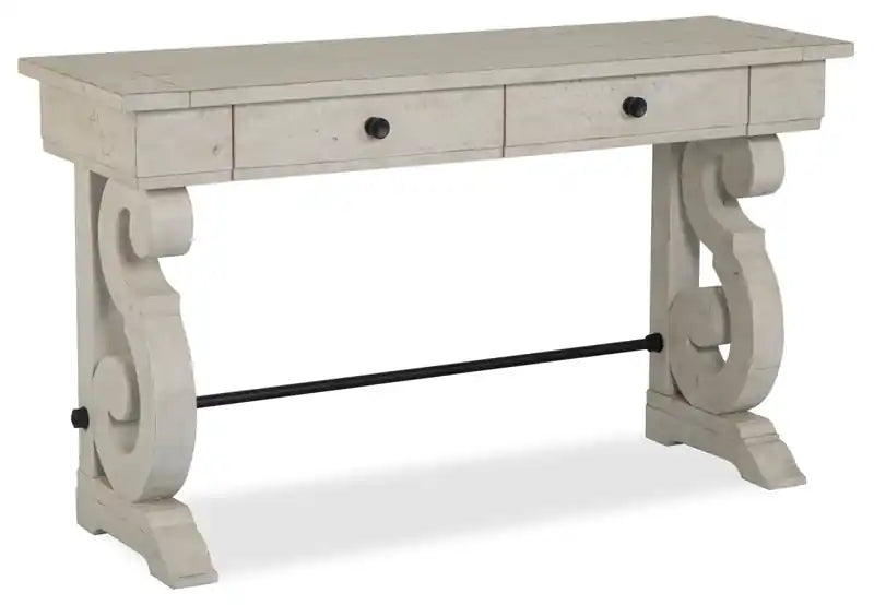 Bronwyn 50 Traditional Sofa Table with Storage - Alabaster Pine with Scroll Design Wood Base