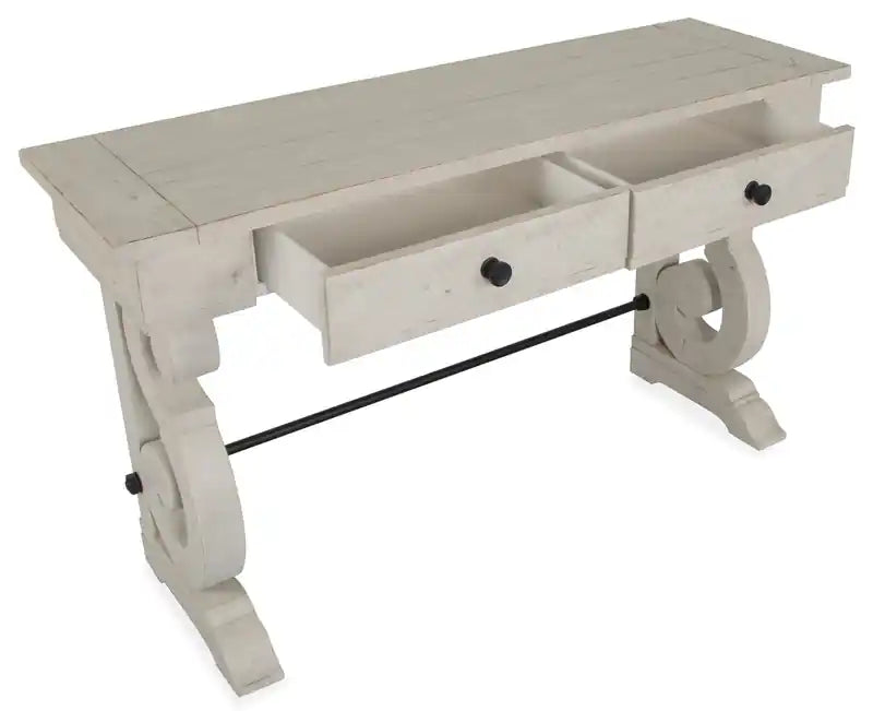 Console de canapé traditionnelle 50 po avec rangement – Pin albâtre avec base en bois à volutes