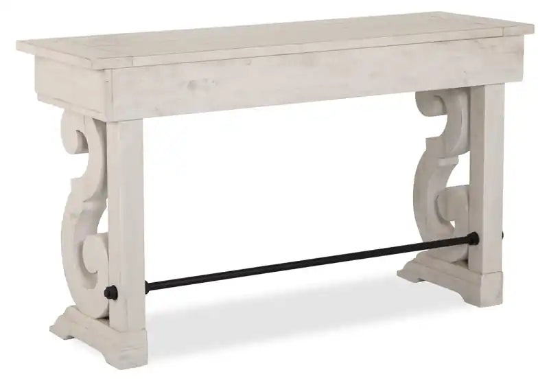 Console de canapé traditionnelle 50 po avec rangement – Pin albâtre avec base en bois à volutes