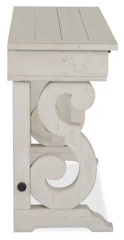 Console de canapé traditionnelle 50 po avec rangement – Pin albâtre avec base en bois à volutes