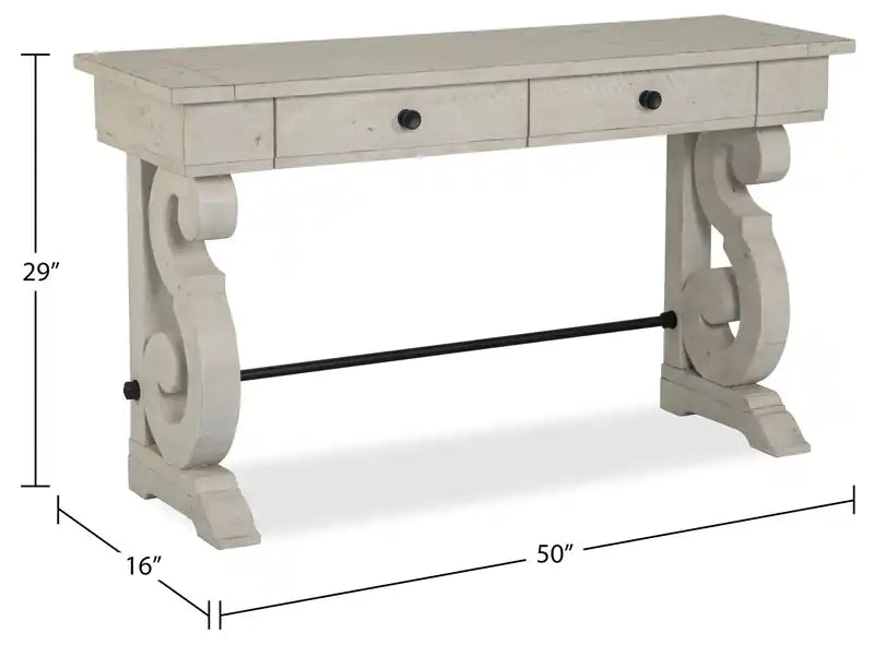 Console de canapé traditionnelle 50 po avec rangement – Pin albâtre avec base en bois à volutes