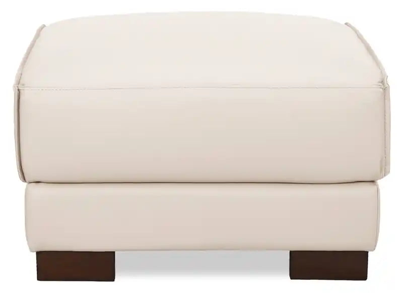 Ottoman en cuir véritable pleine fleur 28 po avec pieds en bois - Blanc givré