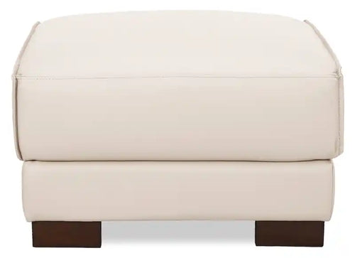 Ottoman en cuir véritable pleine fleur 28 po avec pieds en bois - Blanc givré