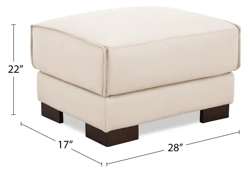 Ottoman en cuir véritable pleine fleur 28 po avec pieds en bois - Blanc givré