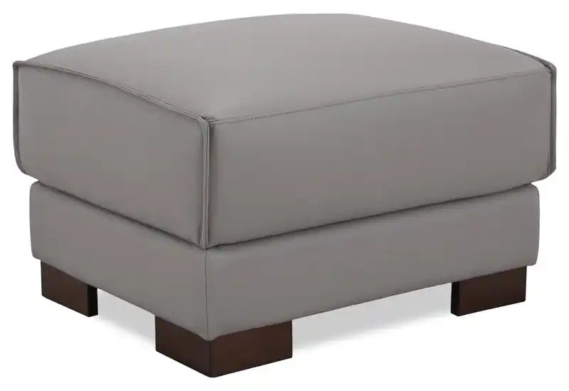 Ottoman en cuir véritable pleine fleur 28 po avec pieds en bois - Blanc givré