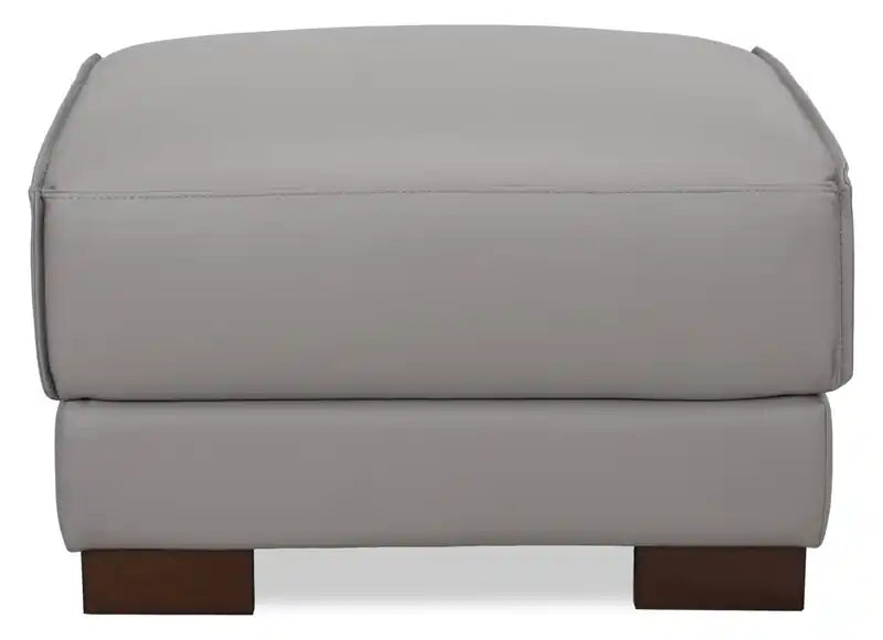 Ottoman en cuir véritable pleine fleur 28 po avec pieds en bois - Blanc givré
