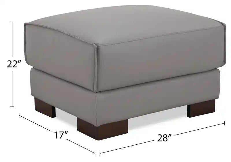 Ottoman en cuir véritable pleine fleur 28 po avec pieds en bois - Blanc givré