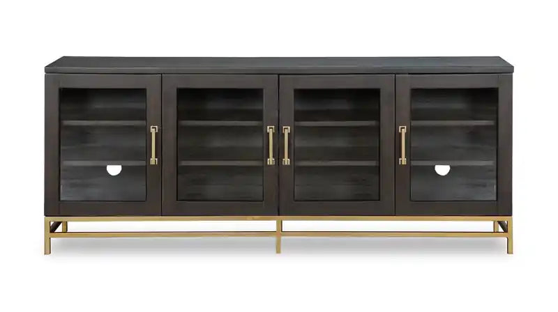 Meuble TV moderne en bois massif de 70 po avec rangement et gestion des câbles pour téléviseurs jusqu'à 75 po - Café