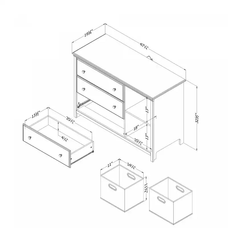Commode 3 tiroirs avec paniers de rangement - Chêne blanchi