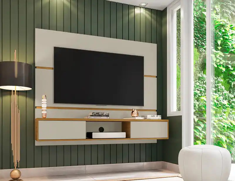 62.99 Meuble TV mural flottant – Blanc cassé et Cannelle