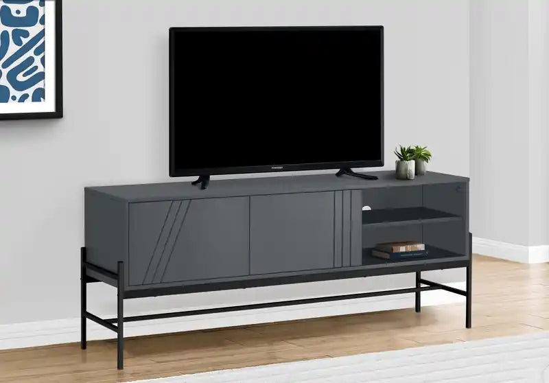 Meuble TV moderne 59 po avec rangement et gestion des câbles pour téléviseurs jusqu'à 65 po - Gris