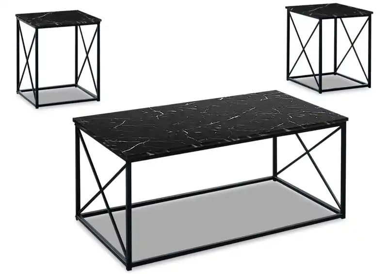 Kasey 42.25 Modern 3-Pack Coffee + 2 End Tables - Black Marble Look with Black Metal Base