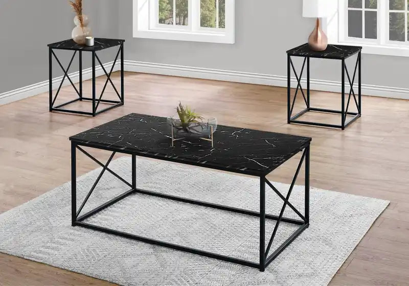 42,25 Table basse moderne + 2 tables d'appoint - Aspect marbre noir avec base en métal noir