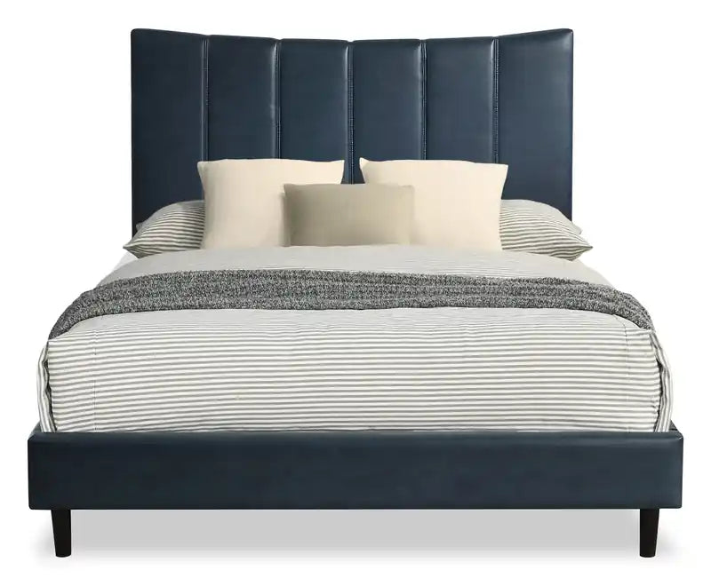 Lit plateforme en similicuir végan bleu marine