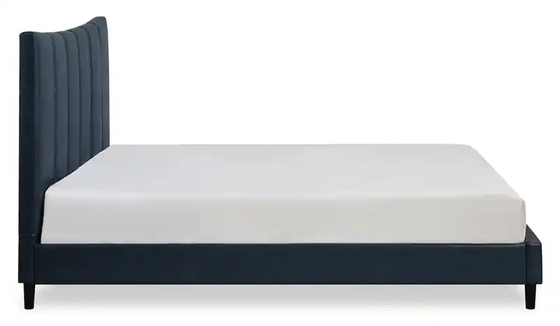 Lit plateforme en similicuir végan bleu marine