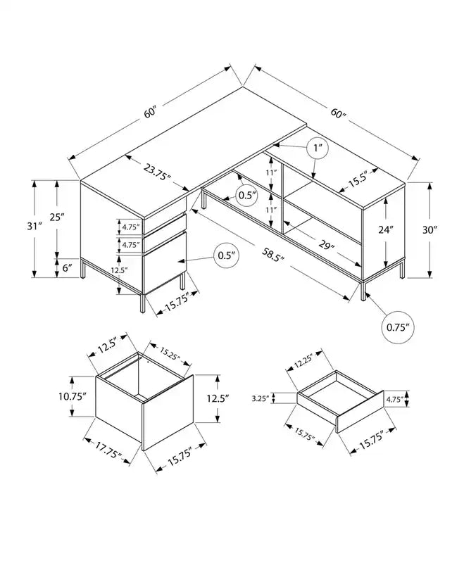 Bureau d'angle en L de 152 cm avec 3 tiroirs et 4 compartiments