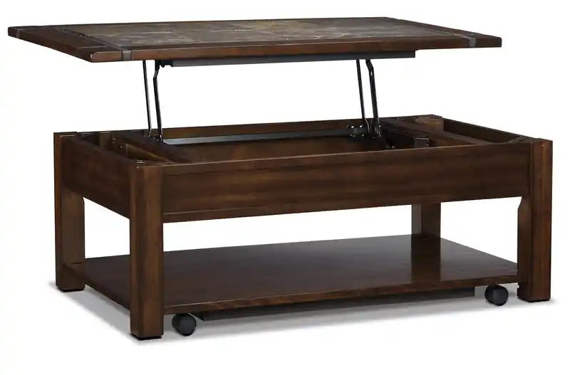 Roanoke 50 Rustic Lift Top Coffee Table with Storage and Shelf - Dark Cherry Wood and Slate Inlay