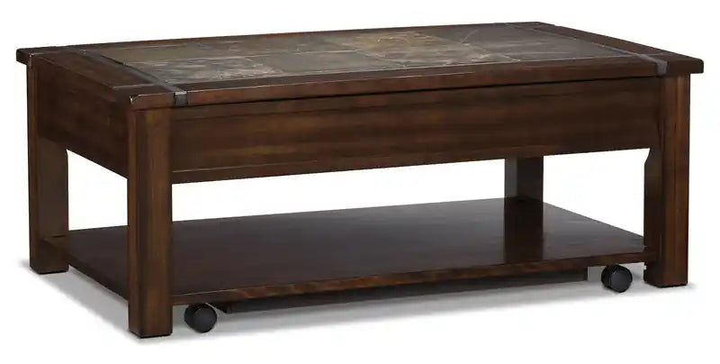 50 tables basses rustiques relevables avec rangement et étagère – Incrustation en bois de cerisier foncé et ardoise