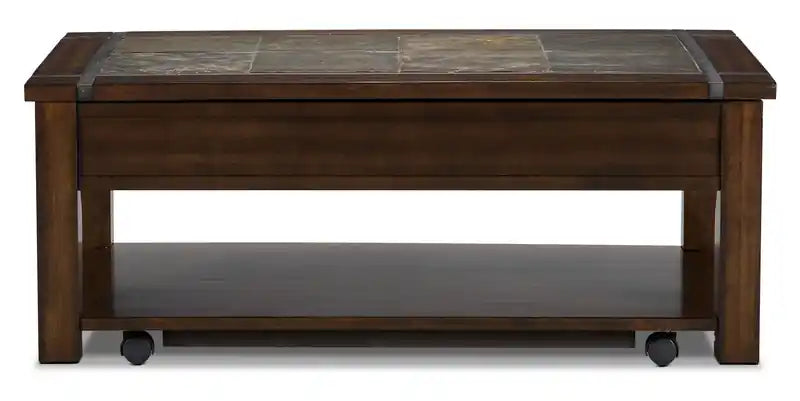50 tables basses rustiques relevables avec rangement et étagère – Incrustation en bois de cerisier foncé et ardoise