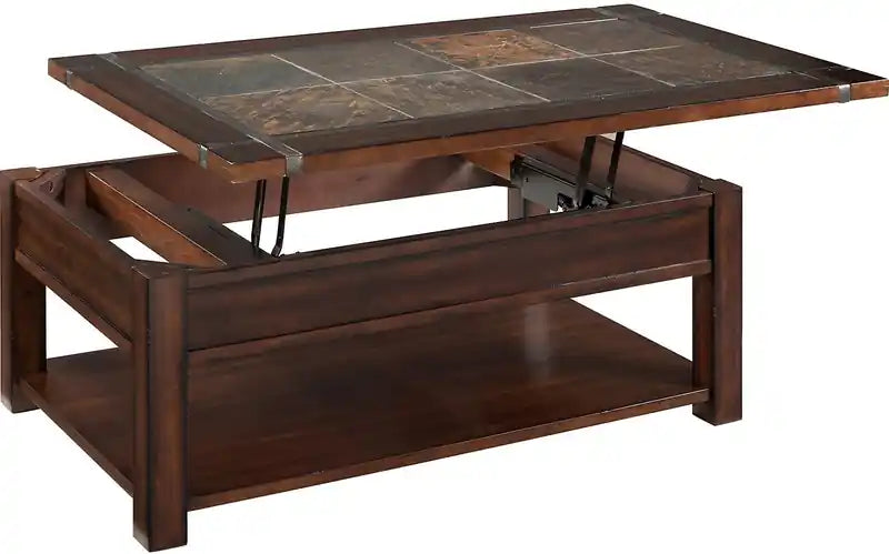 50 tables basses rustiques relevables avec rangement et étagère – Incrustation en bois de cerisier foncé et ardoise