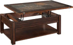 50 tables basses rustiques relevables avec rangement et étagère – Incrustation en bois de cerisier foncé et ardoise