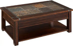 50 tables basses rustiques relevables avec rangement et étagère – Incrustation en bois de cerisier foncé et ardoise