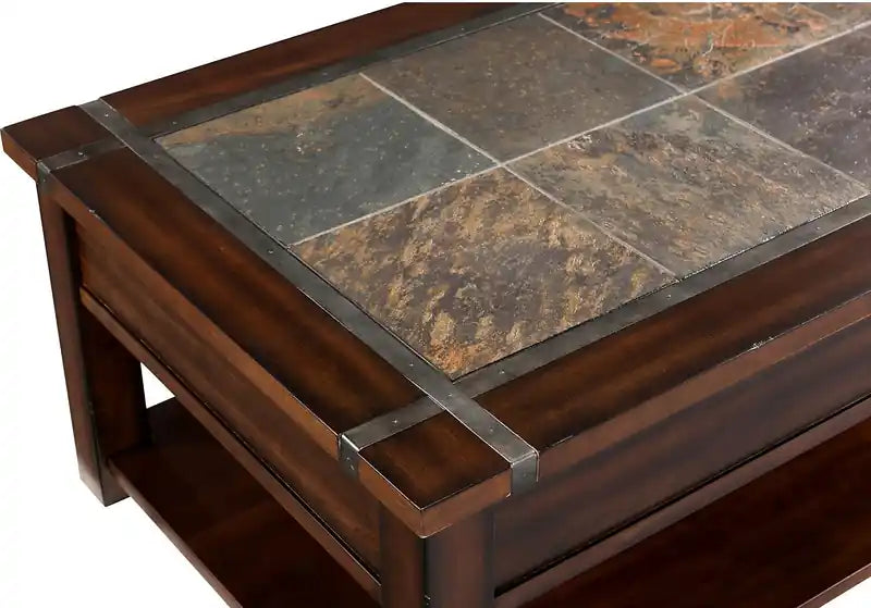50 tables basses rustiques relevables avec rangement et étagère – Incrustation en bois de cerisier foncé et ardoise